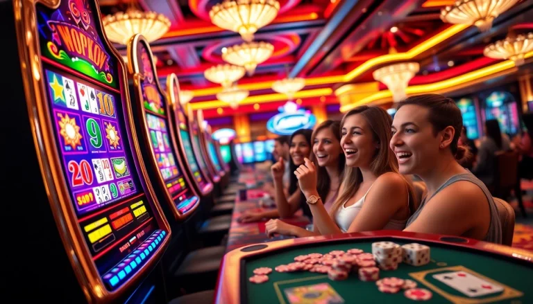 Players engaging in nổ hủ 90 at a slot machine in a vibrant casino setting.