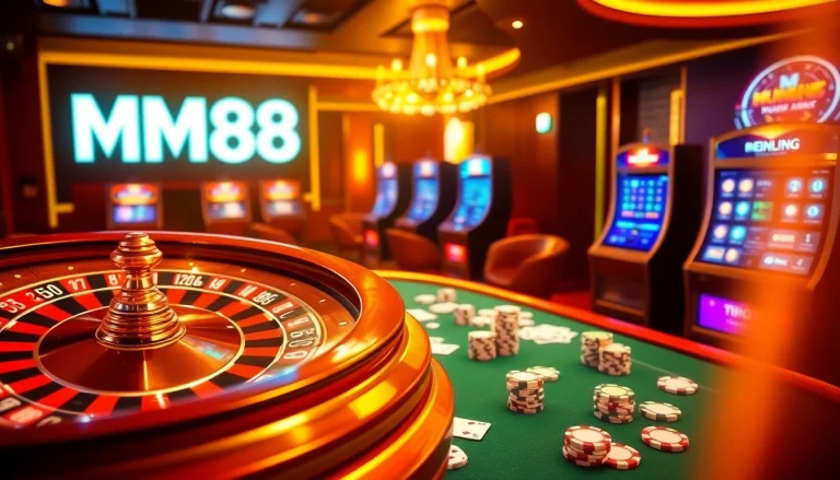 Engage in high-stakes gaming at MM88 with vibrant casino tables, roulette wheels, and slot machines.