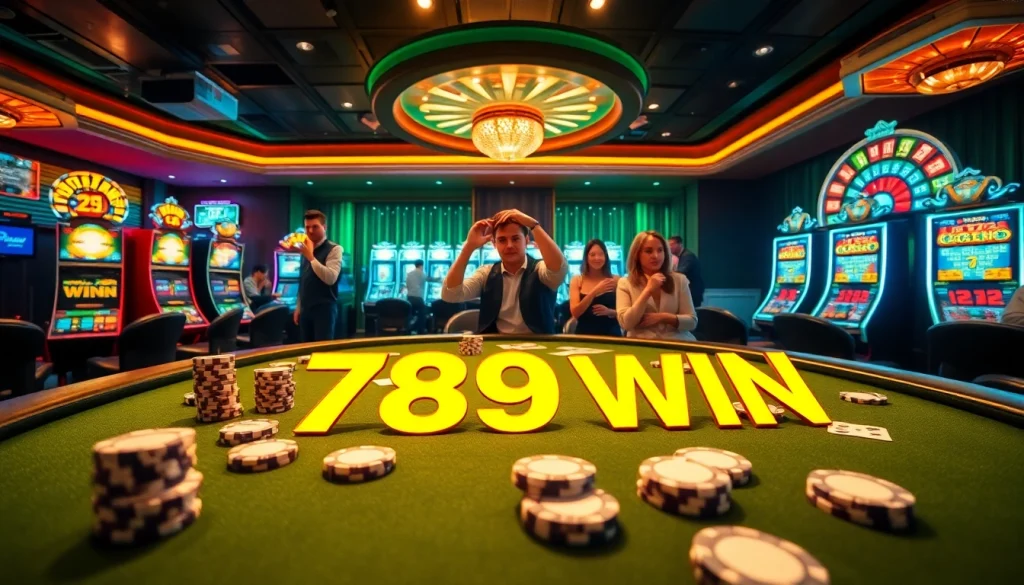 Experience 789 win excitement at a vibrant casino with poker chips, cards, and slot machines.