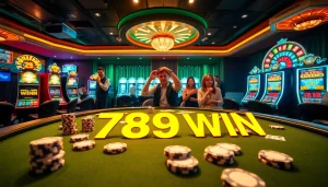 Experience 789 win excitement at a vibrant casino with poker chips, cards, and slot machines.