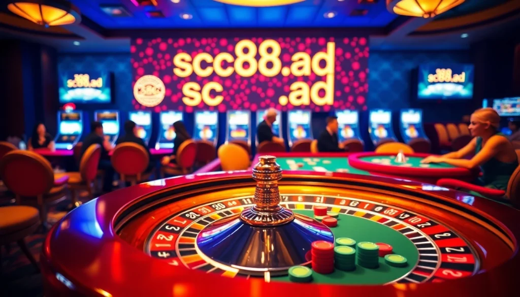 Experience the thrill of high-stakes gambling at sc88.ad with luxurious casino tables and vibrant roulette action.
