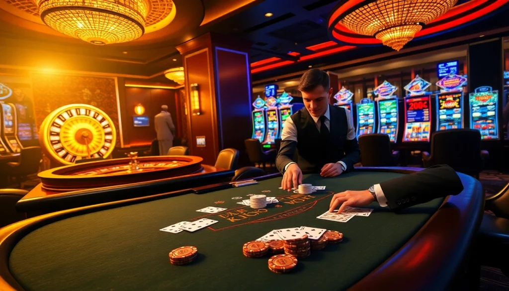 KJC casino scene with a glamorous blackjack table and elite players enjoying their game.