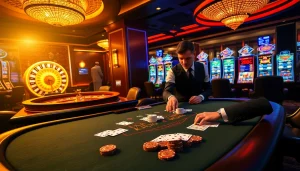 KJC casino scene with a glamorous blackjack table and elite players enjoying their game.