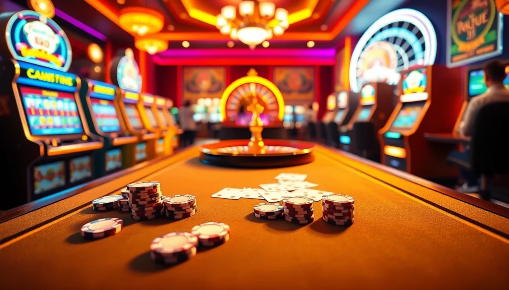 Play thrilling games at liên minh okwin, featuring vibrant casino elements and winning players.