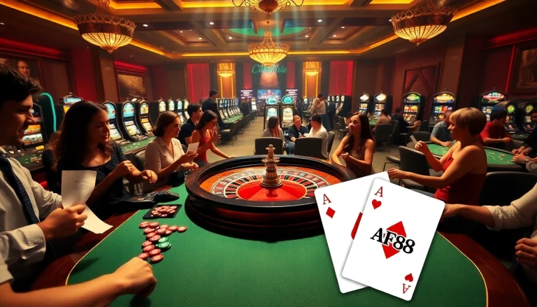 Players engaging in a thrilling casino game, highlighting AF88 with colorful chips and illuminated roulette.