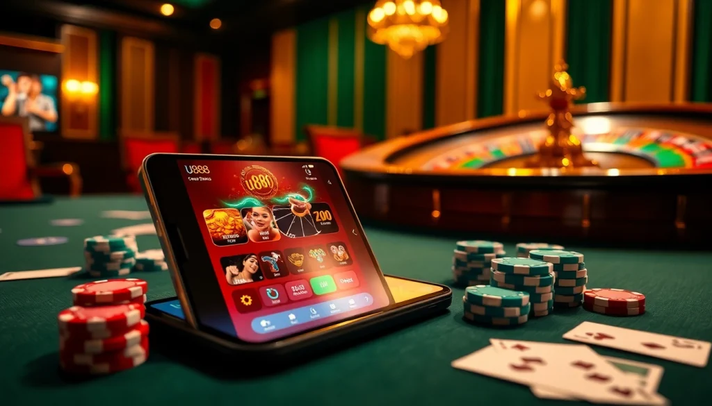 Experience the excitement of the u888 app with casino tables and vibrant gaming elements.