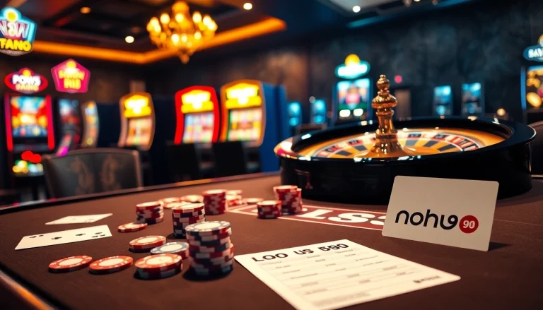 Experience the thrill of nohu90 at a luxurious casino poker table with vibrant cards and chips.