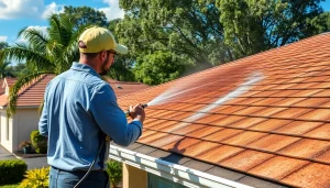 Roof cleaning expert using eco-friendly solutions on a dirty residential roof in Kissimmee, FL.