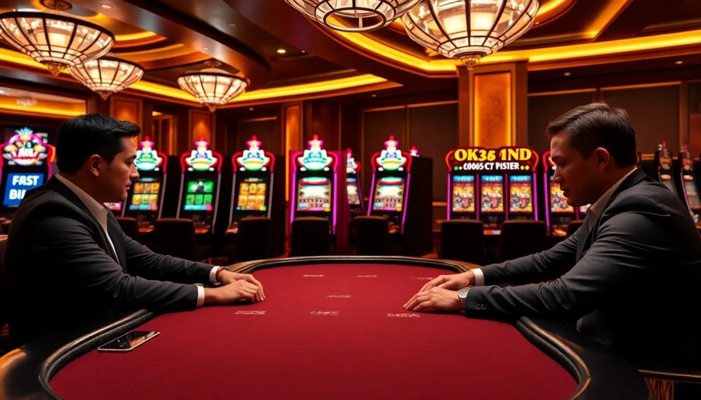 Professional poker players engage in a thrilling game at OK365KD.COM with vibrant slot machines in the background.