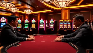 Professional poker players engage in a thrilling game at OK365KD.COM with vibrant slot machines in the background.