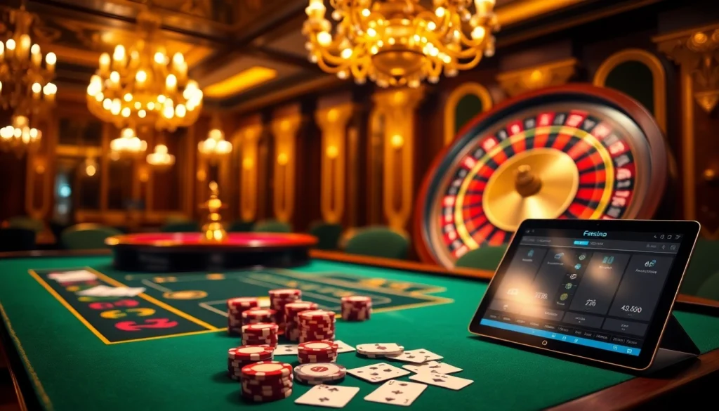 Rio casino game scene with vibrant roulette wheel and elegant poker table.