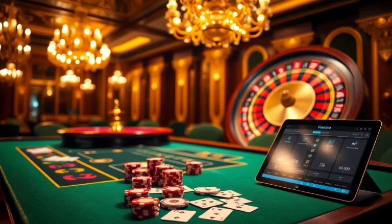 Rio casino game scene with vibrant roulette wheel and elegant poker table.