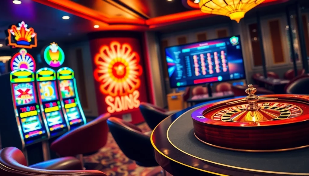 Experience the thrill of online gaming at thabet.com with vibrant casino tables and slot machines.