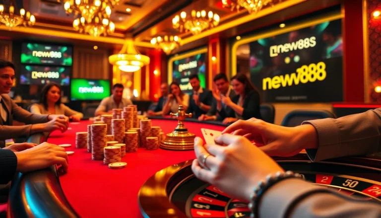 Players enjoying an exhilarating game of poker at new888's luxurious casino table.