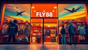 FLY88 aviation-themed apparel shop with stylish clothing and vintage decoration.