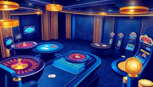 Engage in thrilling online gaming at kuwin with vibrant casino visuals featuring roulette and poker tables.