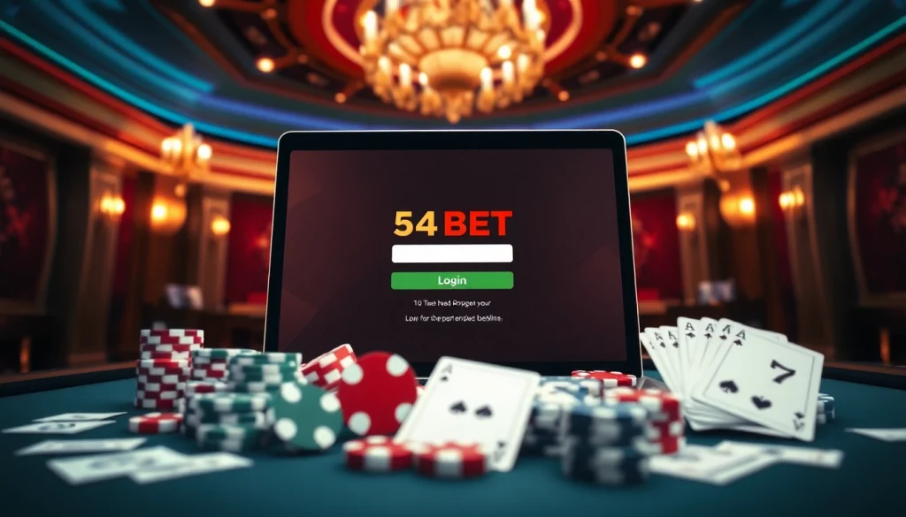 Experience seamless 54BET Login with an engaging online casino setup highlighting excitement and luxury.