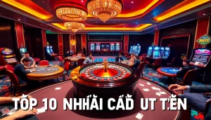 Engaging casino scene representing the Top 10 Nhà Cái Uy Tín with poker tables and roulette.