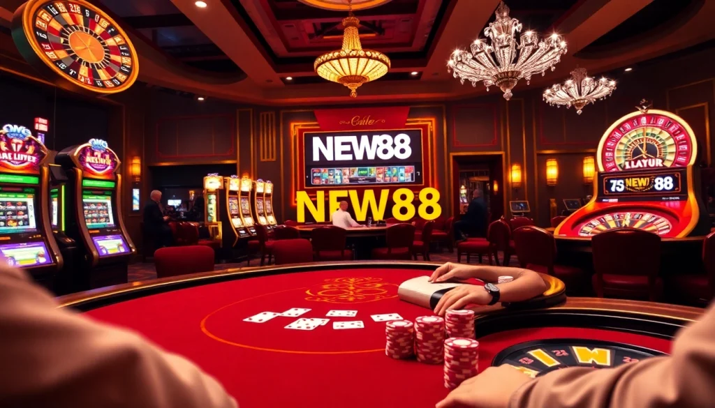 Experience the excitement of NEW88 with a thrilling casino atmosphere featuring poker, roulette, and slot machines.