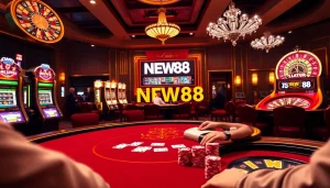 Experience the excitement of NEW88 with a thrilling casino atmosphere featuring poker, roulette, and slot machines.