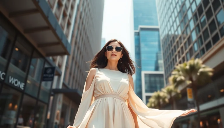 Capture a stylish woman showcasing Rivelle apparel, exuding elegance in a vibrant urban setting.