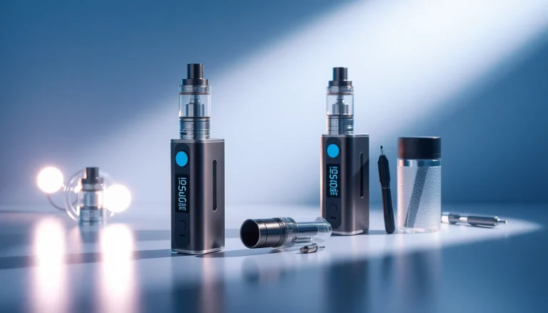 Vape kit elegantly showcased with sleek design and ambient lighting.