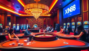 Experience thrilling gambling action at XN88 with vibrant casino tables and winning moments.