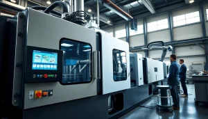 Electric injection molding machine showcasing advanced technology and precise operations in a modern factory.