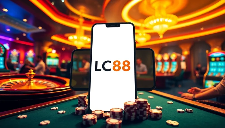 Experience premium gambling with the app lc88 on a vibrant casino backdrop featuring gaming elements.