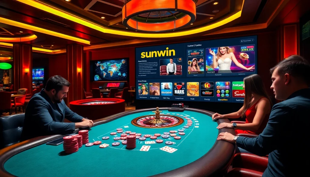 Players enjoying a high-stakes poker game at sunwin casino with vibrant atmosphere and luxurious decor.