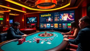 Players enjoying a high-stakes poker game at sunwin casino with vibrant atmosphere and luxurious decor.