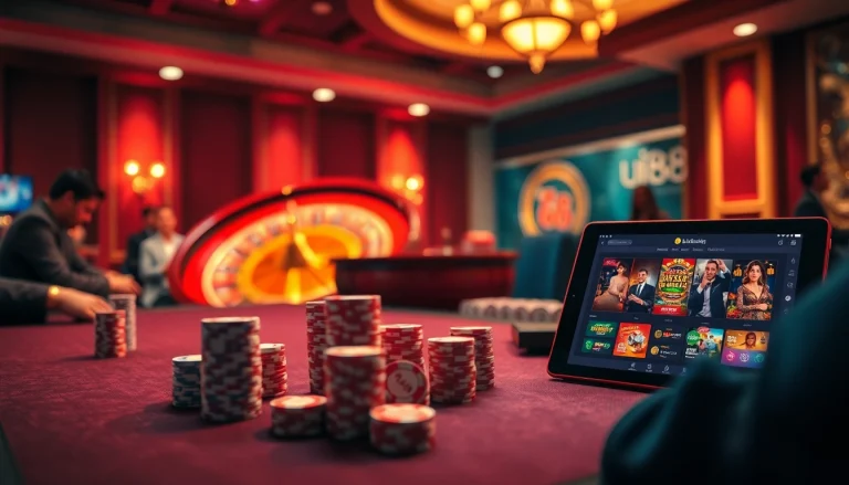 Experience excitement at uu88 with vibrant casino games, poker chips, and a spinning roulette wheel.