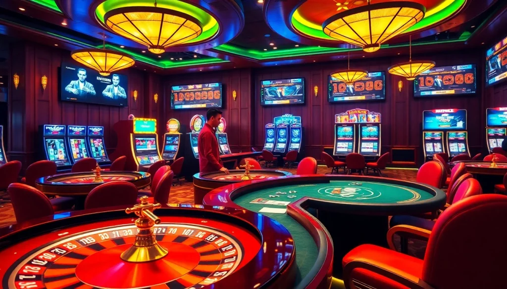 Experience thrilling gameplay at https://jun88ld.com/ with vibrant casino tables and bright slot machines.