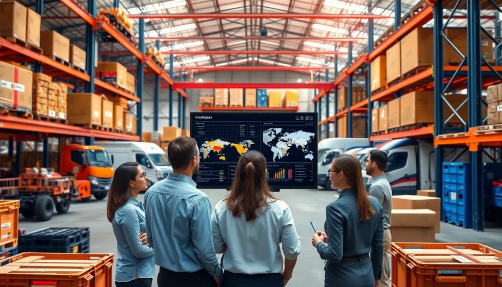 Logistics team analyzing shipping data in a modern warehouse environment.