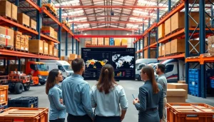 Logistics team analyzing shipping data in a modern warehouse environment.