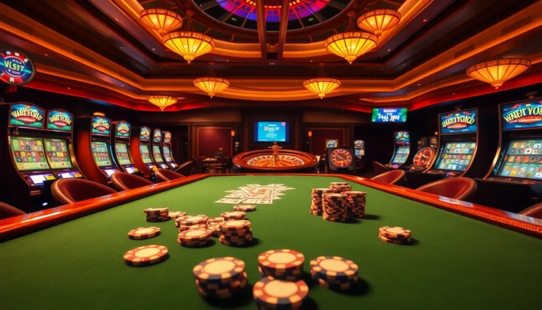 Kjc onl gaming table surrounded by slot machines and roulette wheels, showcasing a vibrant casino atmosphere.