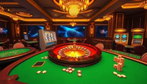 Experience the excitement of trang chủ rr88 with vibrant casino tables, poker chips, and slot machines.