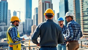 Skilled Manhattan General Contractor engages with workers on-site, highlighting teamwork and construction progress.