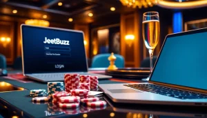 jeetbuzz লগইন interface with poker chips and cards on a luxurious casino table