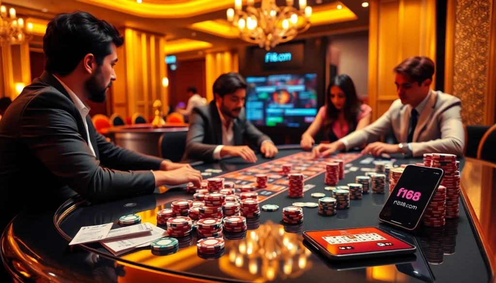 Experience excitement at f168 com with vibrant poker chips and a roulette wheel in a luxurious casino setting.