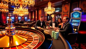 Experience the excitement of SHBET casino with glamorous poker chips and a roulette wheel in action.