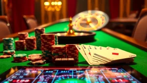 Experience exhilarating gaming at https://dagapq.com/ with vibrant casino visuals of poker chips and roulette.