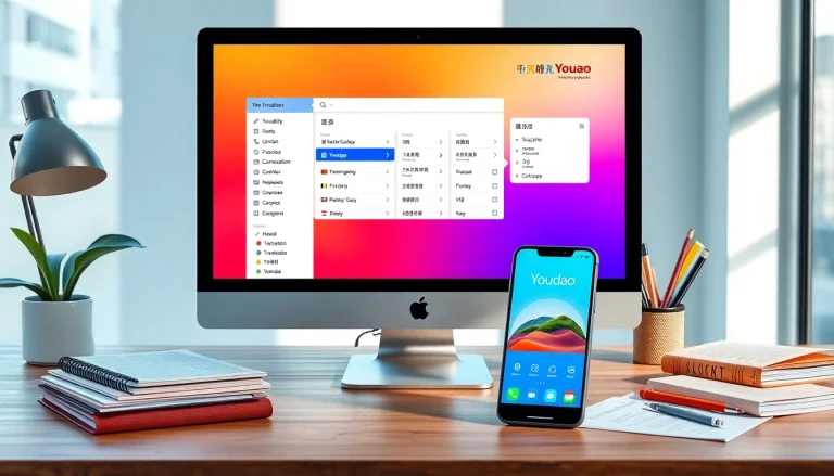 Youdao translation tool interface showcased in a modern workspace, emphasizing multilingual communication.