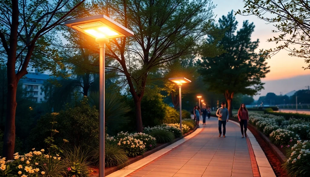 Solar street light illuminating a pathway in a serene urban setting at dusk.