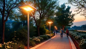 Solar street light illuminating a pathway in a serene urban setting at dusk.