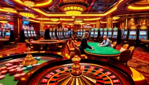 Experience the thrill of gambling at PH22211.COM with a luxurious casino scene featuring roulette, poker, and slots.