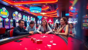 Join the excitement of Canada online casinos with vibrant gaming tables and players enjoying various casino games.