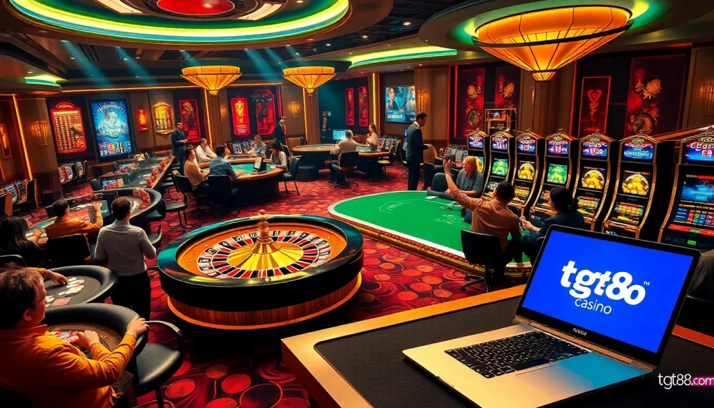 Players enjoying the thrills of casino gaming at tg88 com, featuring roulette, poker, and vibrant slot machines.