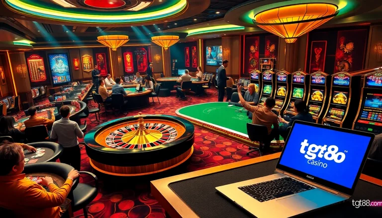 Players enjoying the thrills of casino gaming at tg88 com, featuring roulette, poker, and vibrant slot machines.