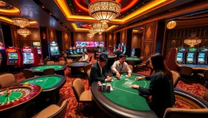 Players winning big at the KJ C casino, showcasing excitement and luxury in a vibrant atmosphere.